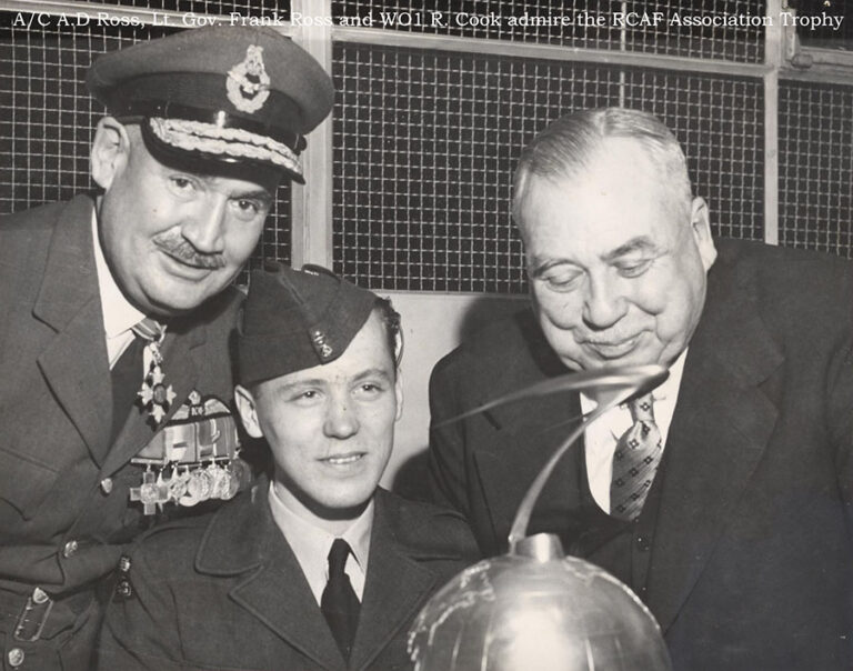 October 1958 - AC A. D, Ross with Lt Gov. Frank Ross and WO1 R. Cook with the RCAF Association Award