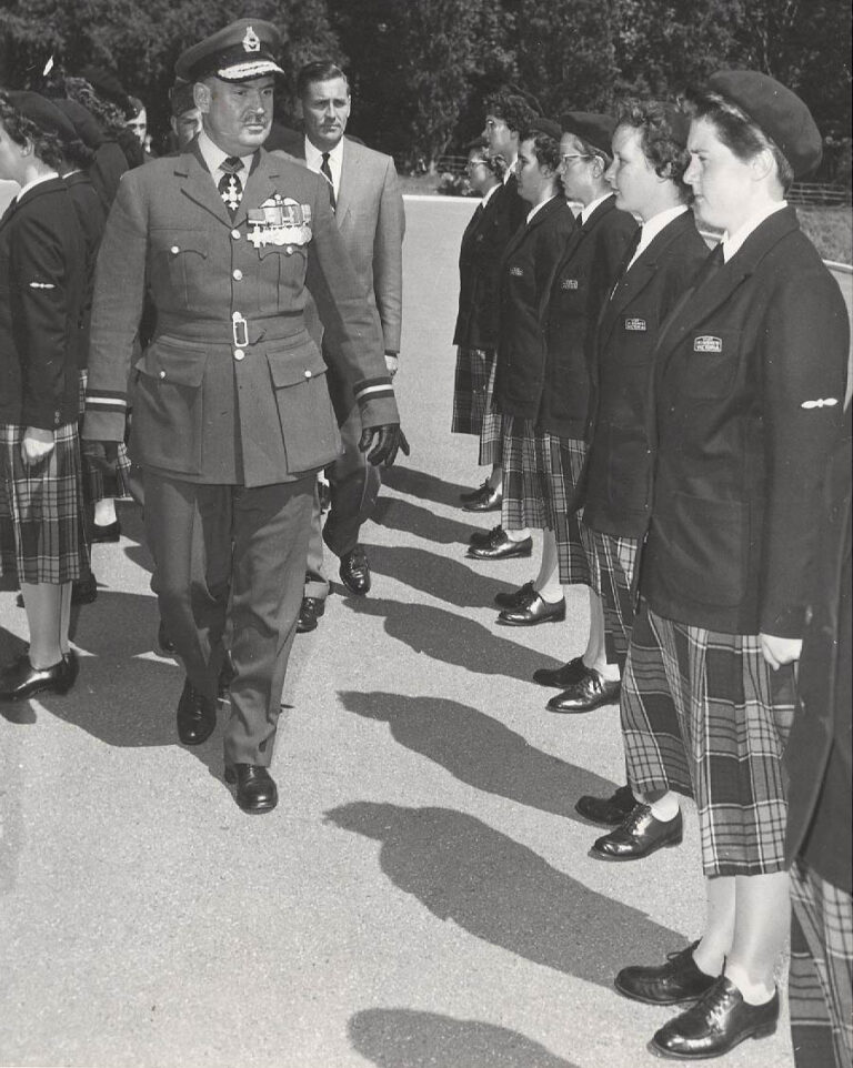 Air Commadore A. D. Ross inspecting the Cadettes of 89 Squadron at the 1958 ACR Royal Roads Military College lower Parade Square
